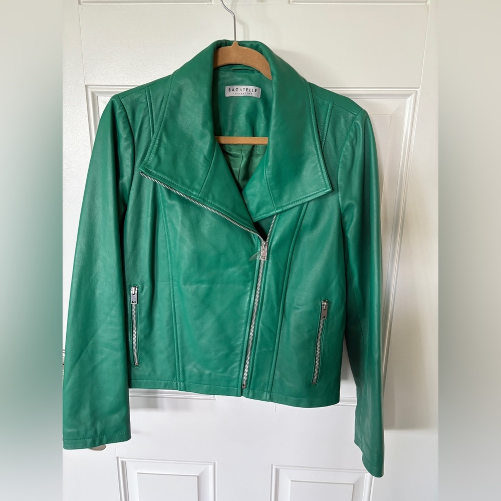 Bagatelle Green Leather Moto Jacket Asymmetrical Design